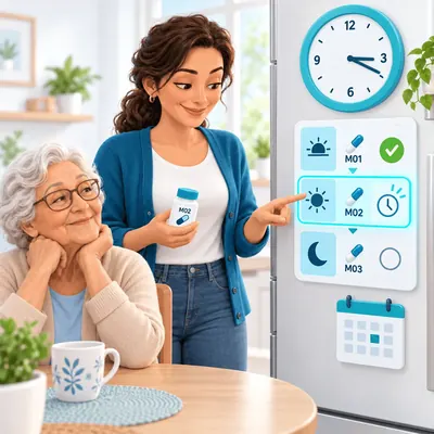Cuidadora visualizando o planejamento de medicamentos na geladeira
