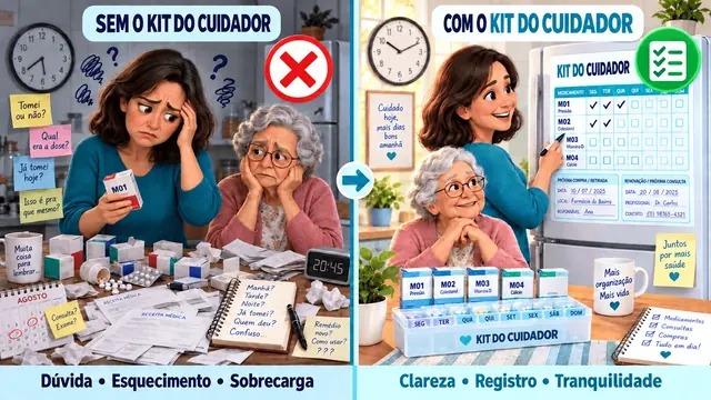 Comparativo: sem o Kit do Cuidador há dúvida e esquecimento; com o Kit há clareza e organização