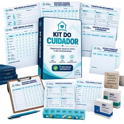 Mockup do Kit do Cuidador com os sete materiais para organizar medicamentos e cuidados