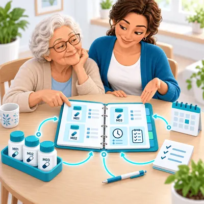 Cuidadora e idosa conferindo o caderno organizado de medicamentos
